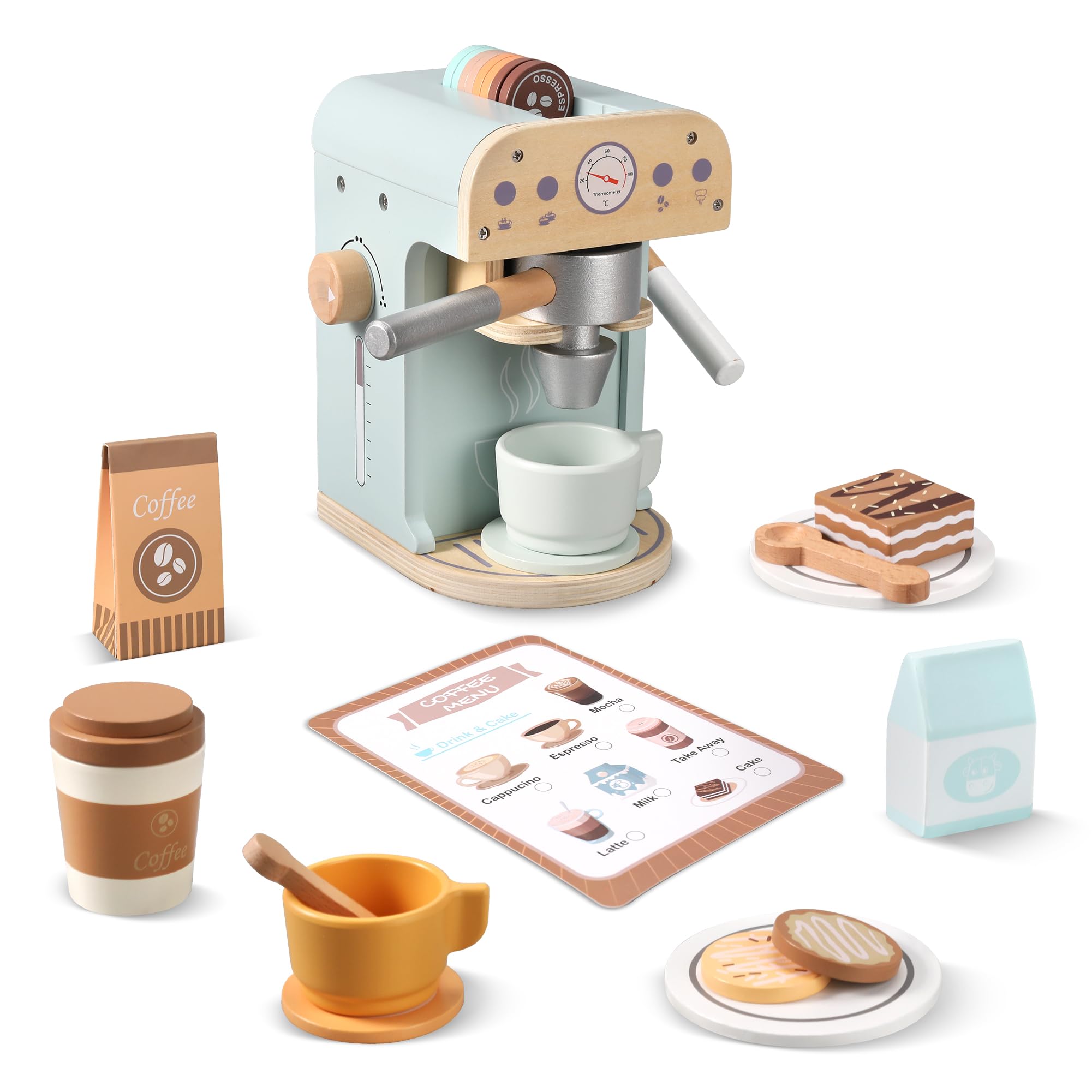 Pithfor Kids wooden coffee maker toy for imaginative pretend play.