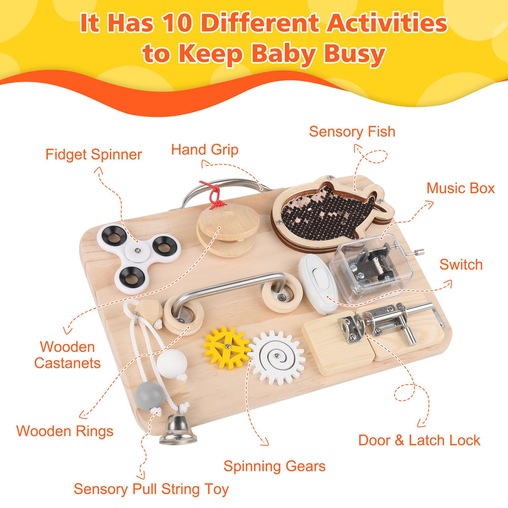 Pithfor Montessori sensory toy close-up highlighting safe, smooth wood and engaging latches.