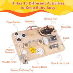 Pithfor Montessori sensory toy close-up highlighting safe, smooth wood and engaging latches.