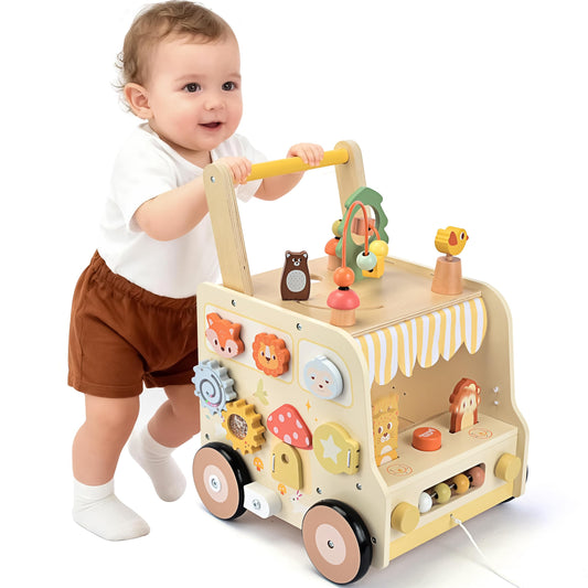 Pithfor wooden activity cube push walker with comprehensive learn-to-walk features