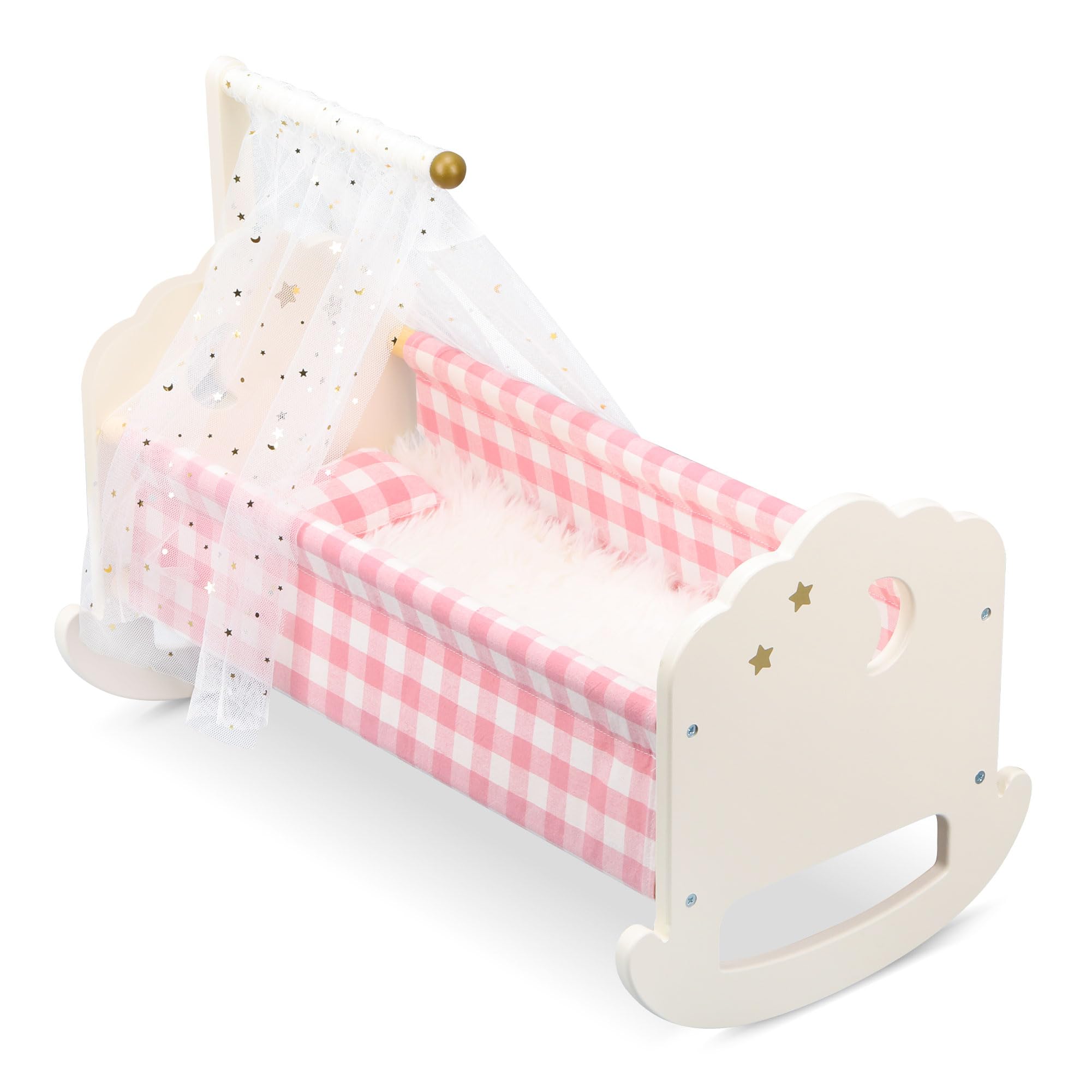Pithfor wooden baby doll crib with canopy for immersive nurturing play.