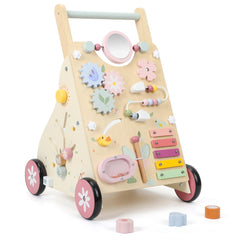 Pithfor wooden baby walker front view with Montessori toys to stimulate exploration.