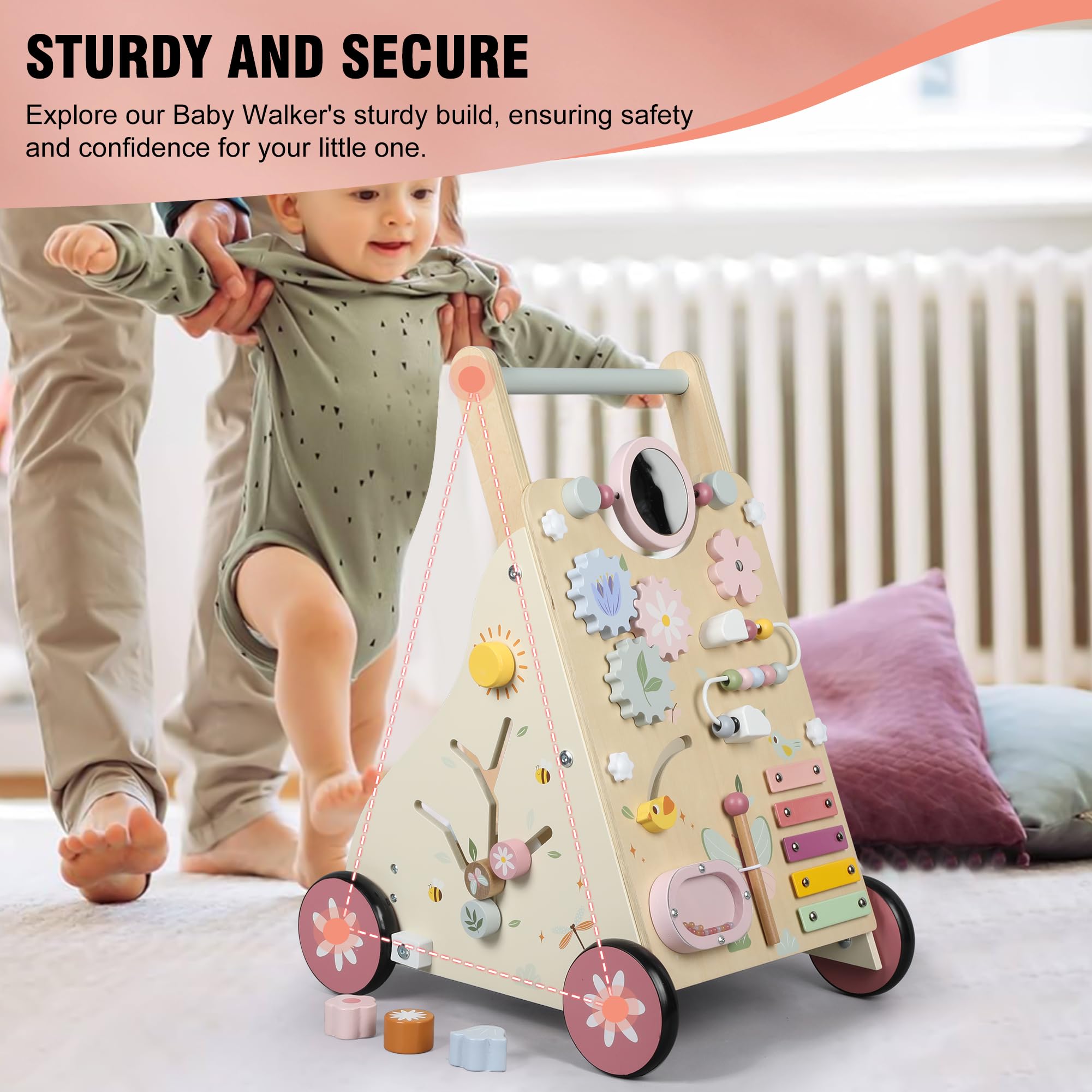 Pithfor wooden baby walker shape sorter promotes problem-solving during play.