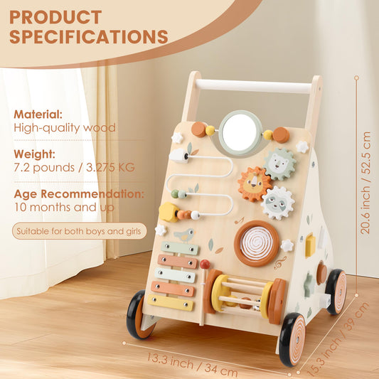 Pithfor wooden baby walker side angle, sturdy frame and safe support
