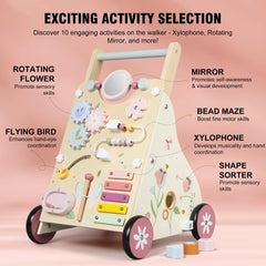Pithfor wooden baby walker side view showing sturdy frame and smooth wheels.