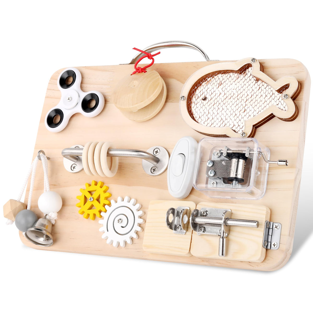 Pithfor wooden busy board features varied activities to boost toddlers' fine motor skills.