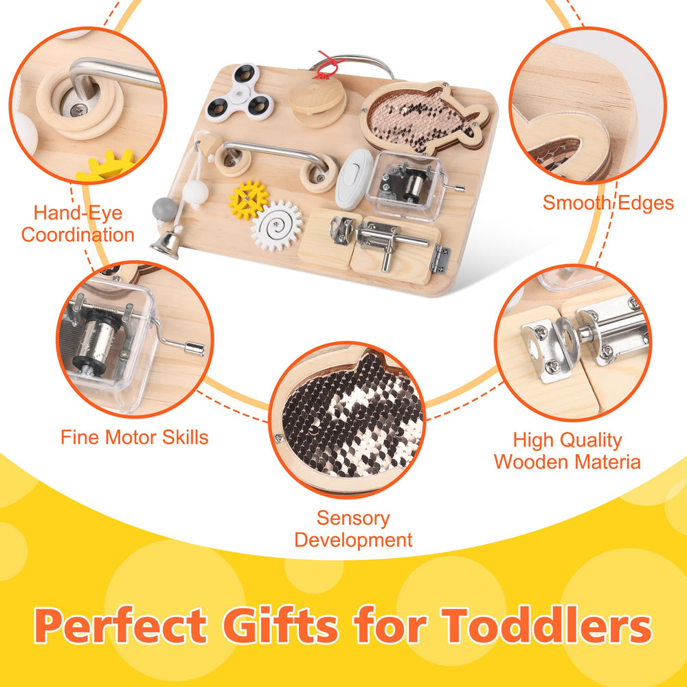 Pithfor wooden busy board gift-ready packaging for toddlers and preschoolers.