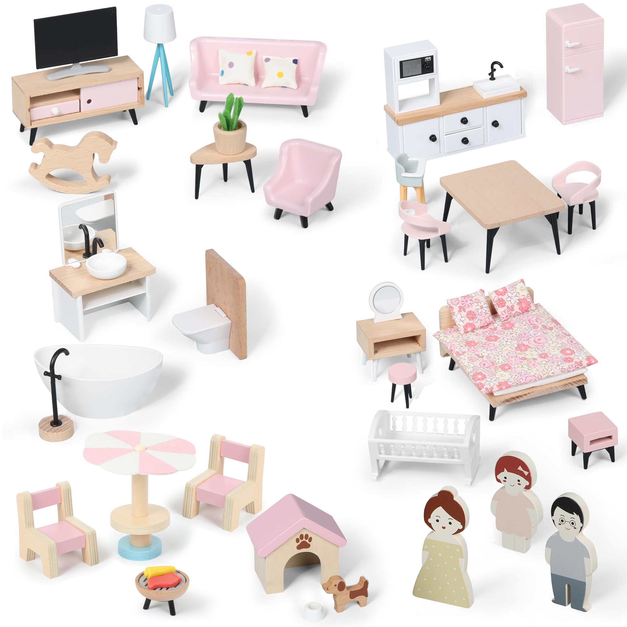 Pithfor wooden dollhouse furniture in seven rooms for imaginative play.