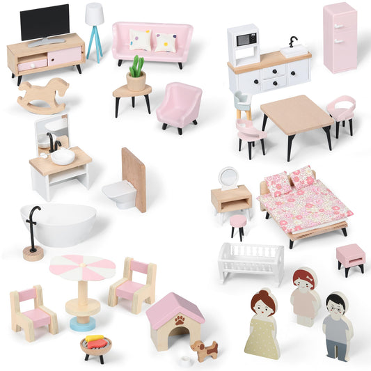 Pithfor wooden dollhouse furniture in seven rooms for imaginative play.