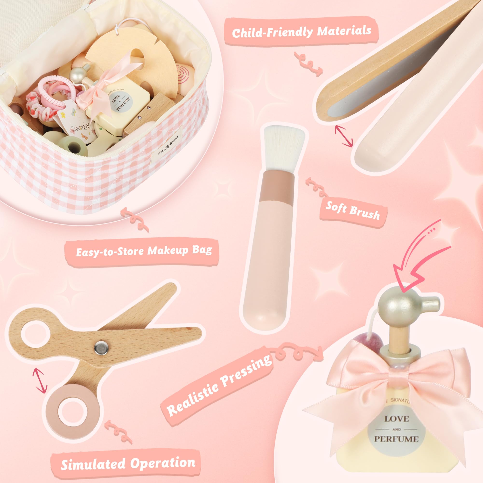 Pithfor wooden makeup toy set makeup brushes for tactile engagement