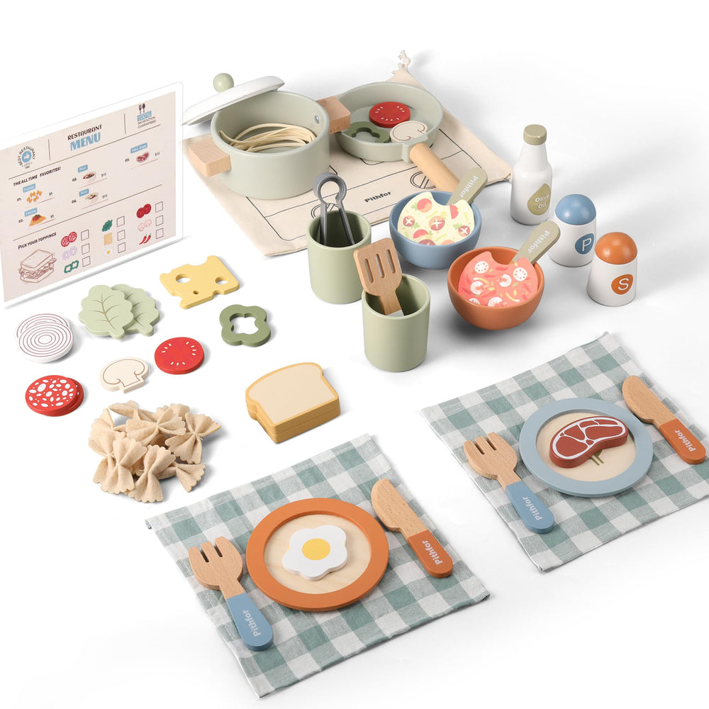 Pithfor wooden play cooking set with dishes boosts imaginative mealtime roleplay