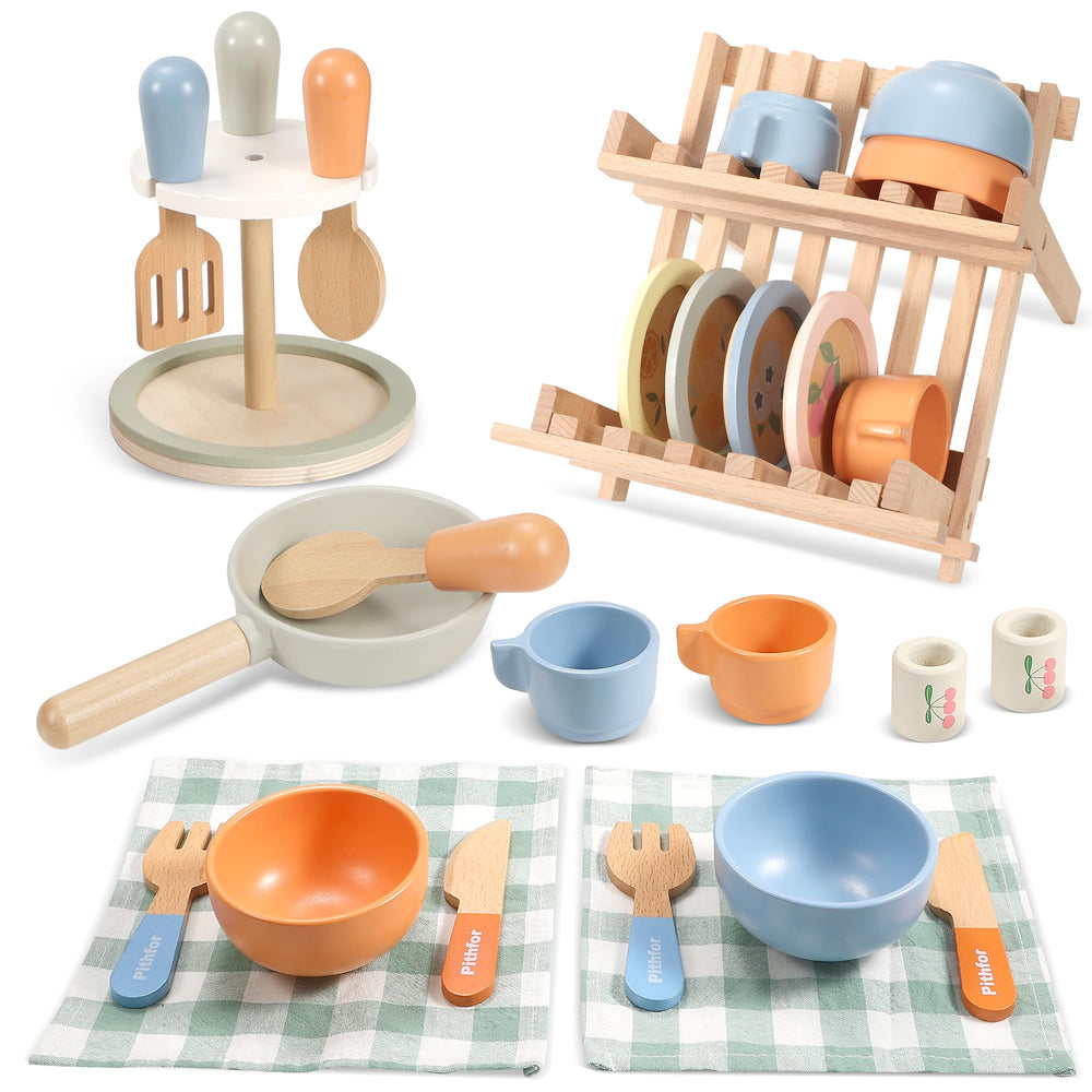 Pithfor wooden play cookware set with dishes sparks imaginative pretend meals for kids.