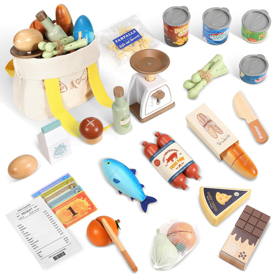 Pithfor wooden play food set milk carton invites pretend shopping and role play