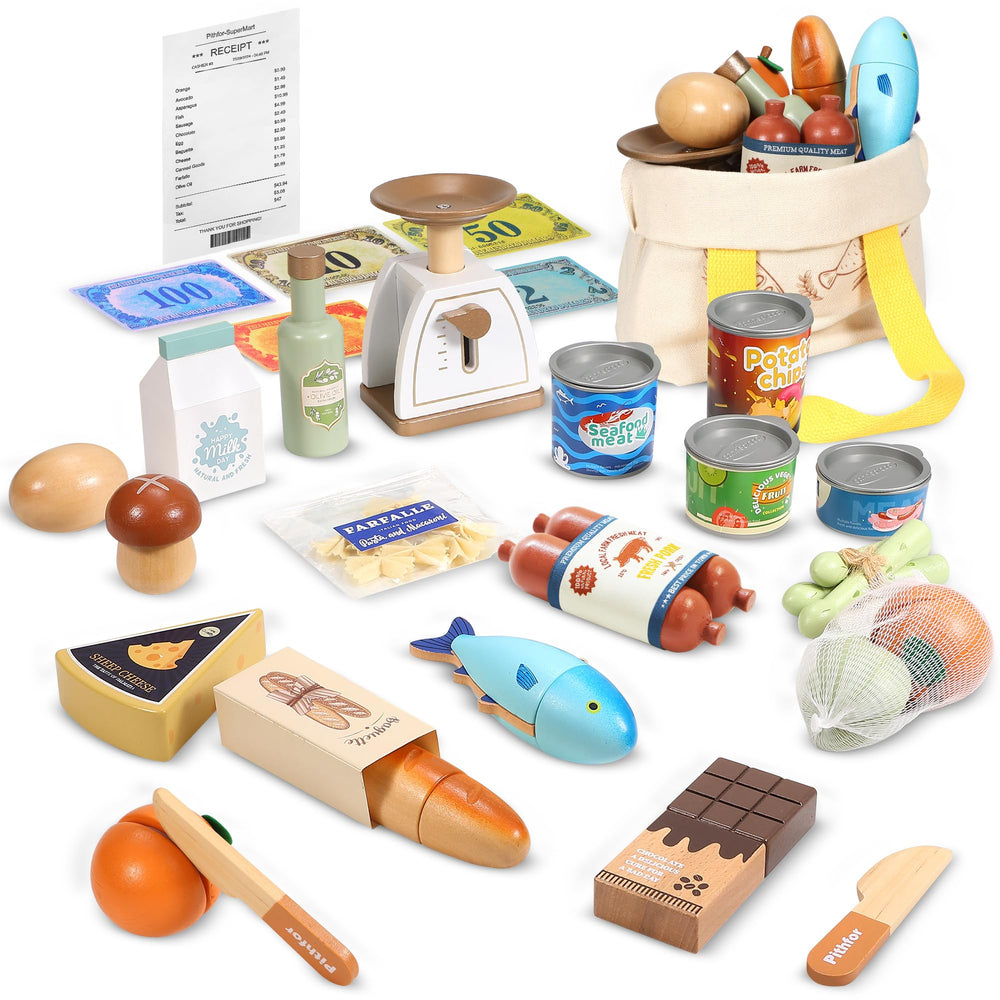 Pithfor wooden play food set portable bag keeps items organized on the go