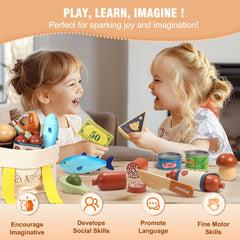 Pithfor wooden play food set scale to weigh items during pretend store play