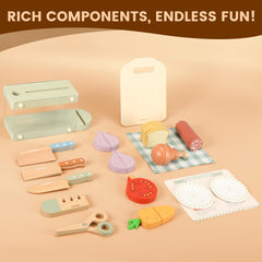Pithfor Wooden Play Food Variety highlights colorful ingredients and Velcro cutting.