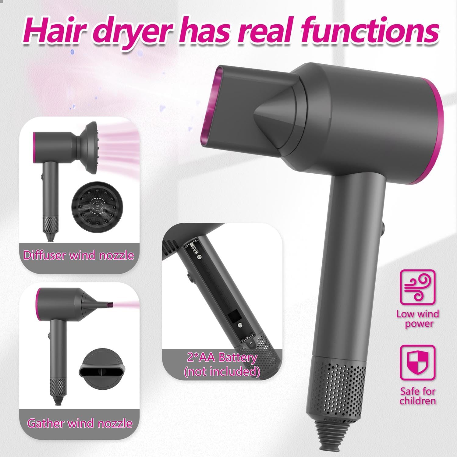 PIXATA realistic hair dryer toy with two heads enables versatile pretend hairstyles.