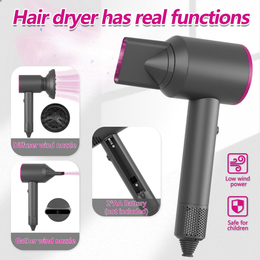 PIXATA realistic hair dryer toy with two heads enables versatile pretend hairstyles.