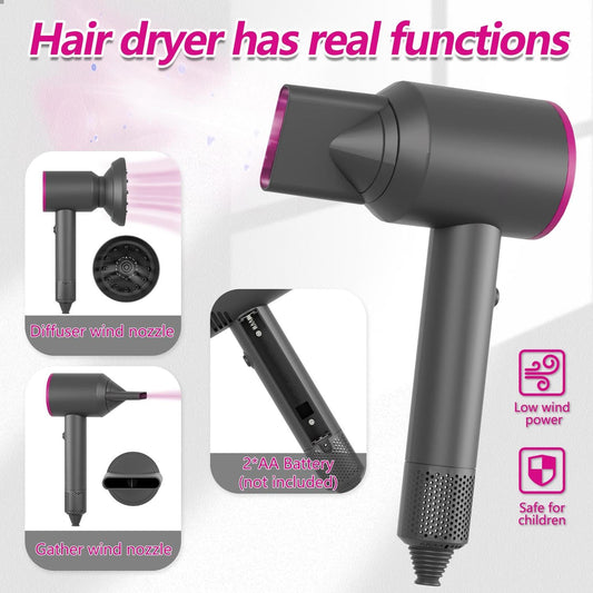 PIXATA realistic hair dryer toy with two heads enables versatile pretend hairstyles.