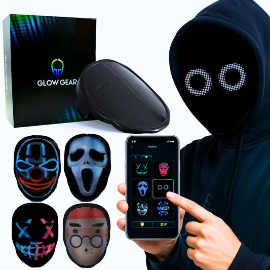 Pixel Stackers Glow Gear mask front view with vibrant LEDs for cosplay flair.