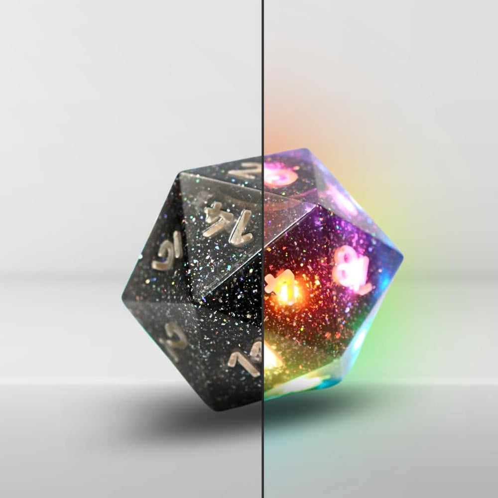 Pixels D20 Midnight Galaxy app UI displaying color customization and per-face audio.