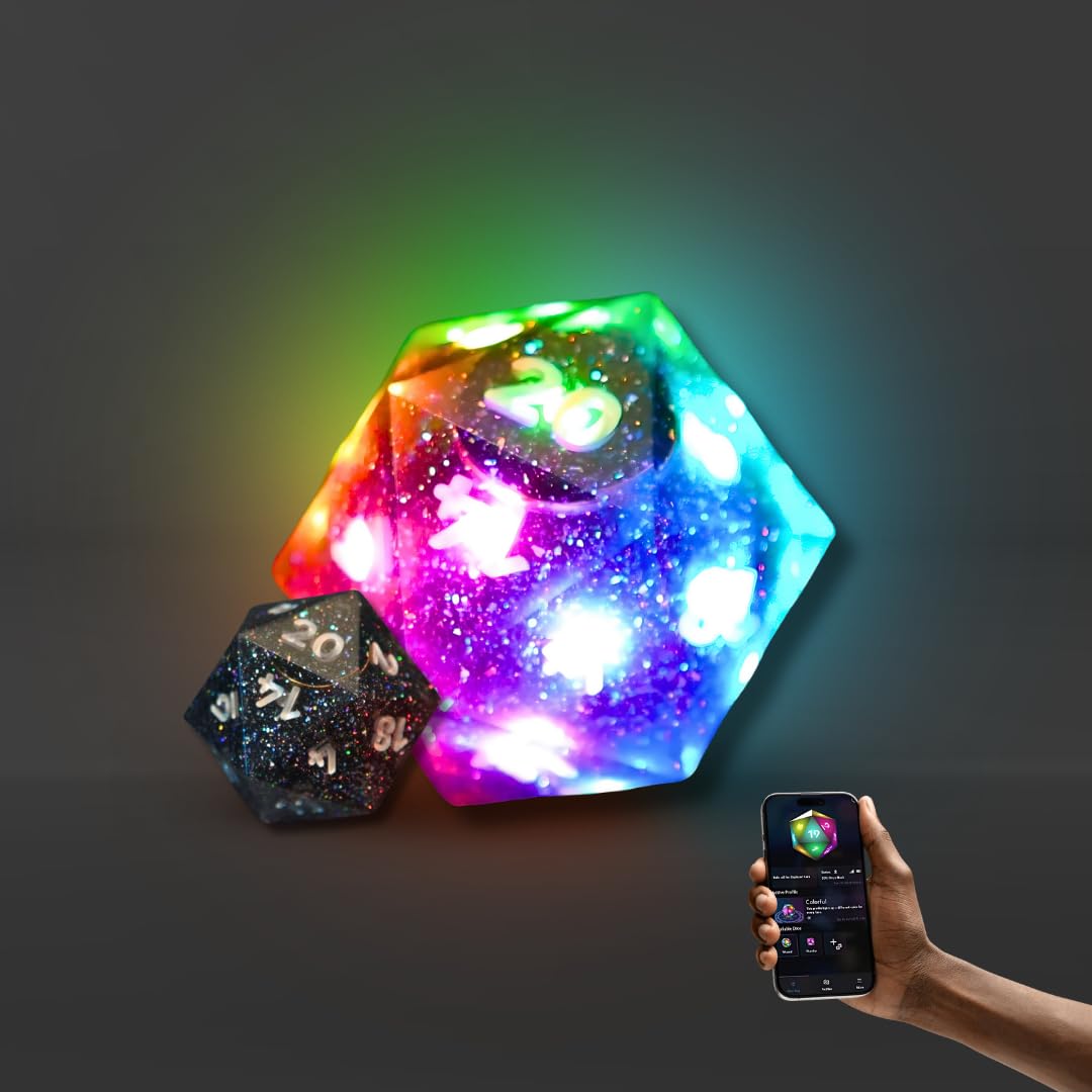 Pixels D20 Midnight Galaxy dice shown with RGB lighting for immersive tabletop play.