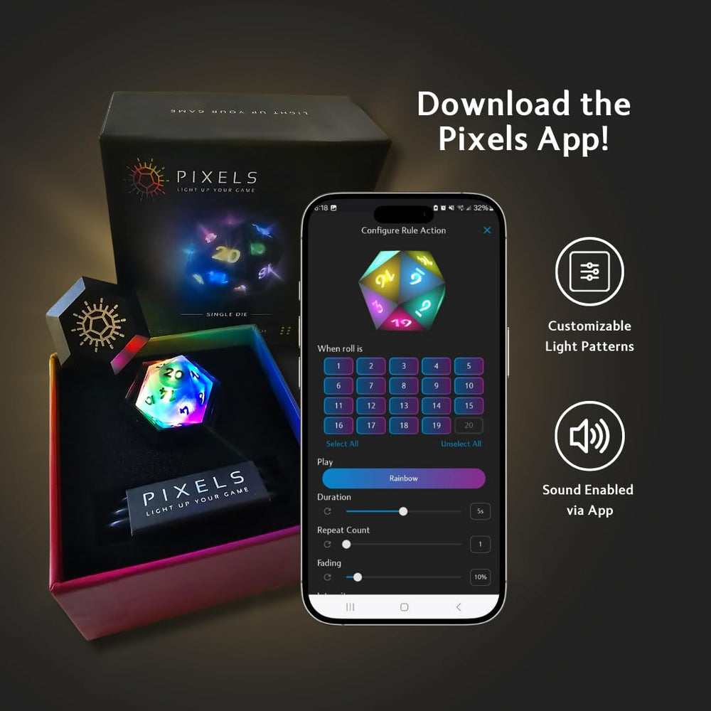 Pixels D20 Midnight Galaxy resin dice delivering balanced, durable rolls.