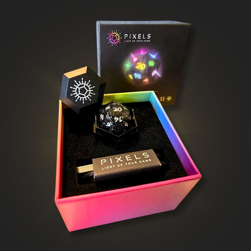 Pixels D20 Midnight Galaxy connects to VTTs for online gaming sessions.