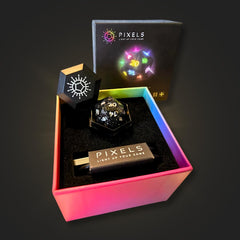 Pixels D20 Midnight Galaxy connects to VTTs for online gaming sessions.