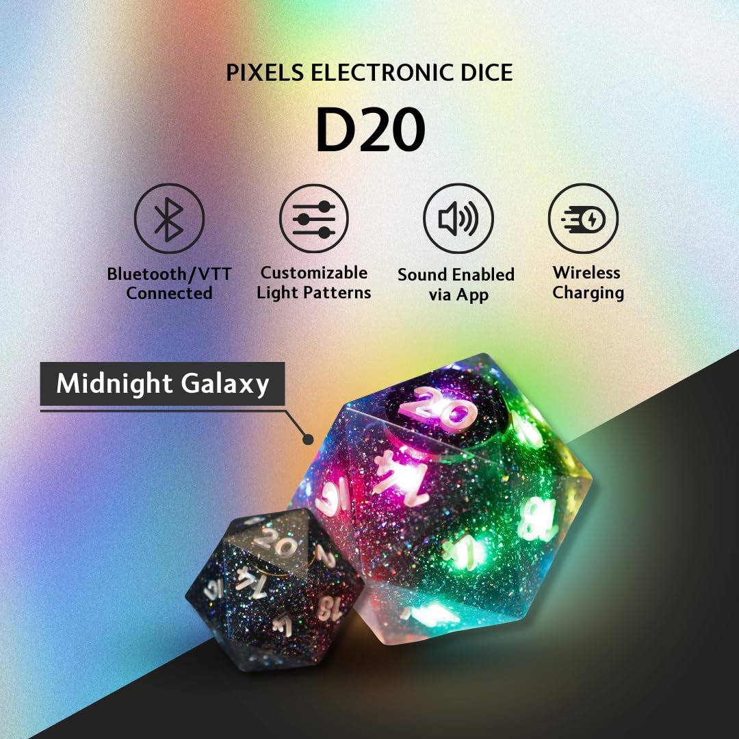 Pixels D20 Midnight Galaxy wireless charging case keeping dice ready between sessions.
