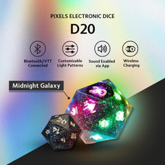 Pixels D20 Midnight Galaxy wireless charging case keeping dice ready between sessions.