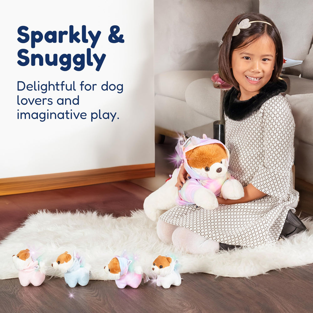 Fluffy dog plush for playtime, a cuddly companion during stories and naps.