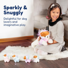 Fluffy dog plush for playtime, a cuddly companion during stories and naps.