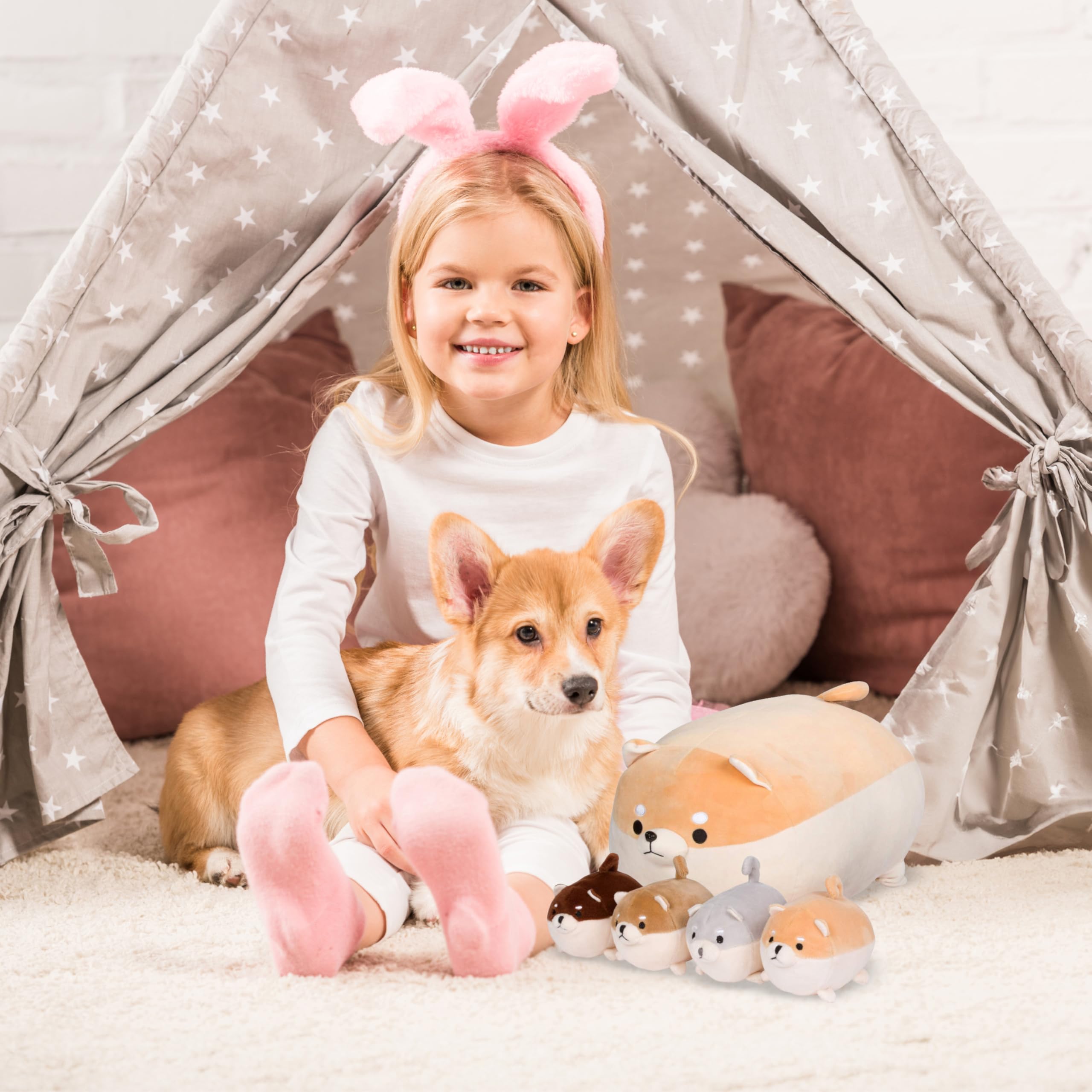 PixieCrush Shiba Inu plush mommy invites imaginative play with removable puppies.