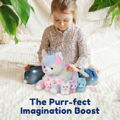 PixieCrush Unicorn Cat Plushie shows four baby kittens revealed for storytelling adventures