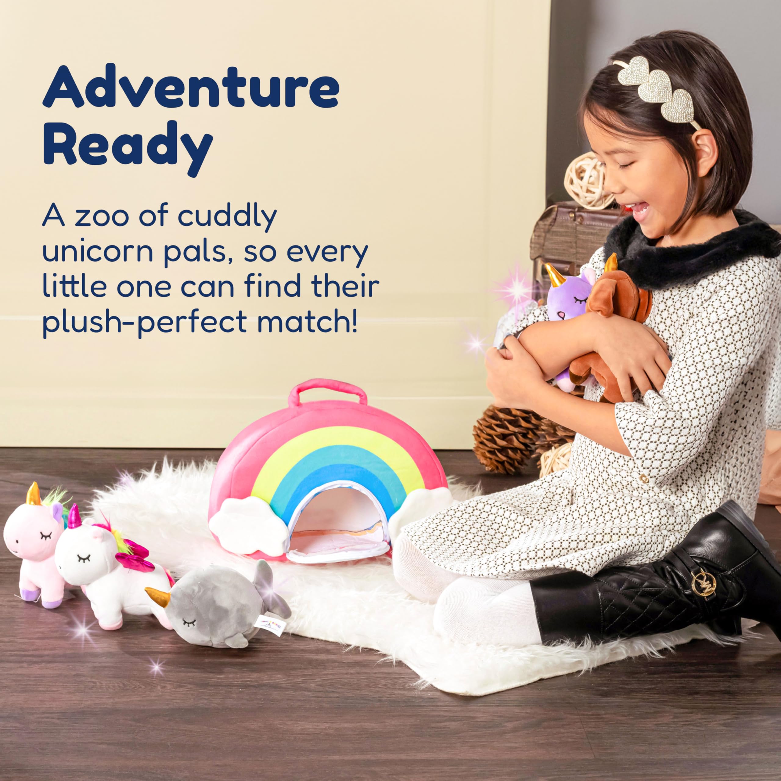 PixieCrush rainbow unicorn plush, vibrant design sparks imaginative adventures.