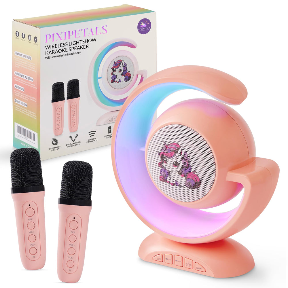 PixiPetals pink unicorn karaoke speaker with two wireless mics for kids' singing fun