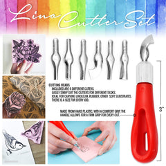 Pixiss stamp maker carving knife demonstrates detailed linocut designs with smooth cuts.