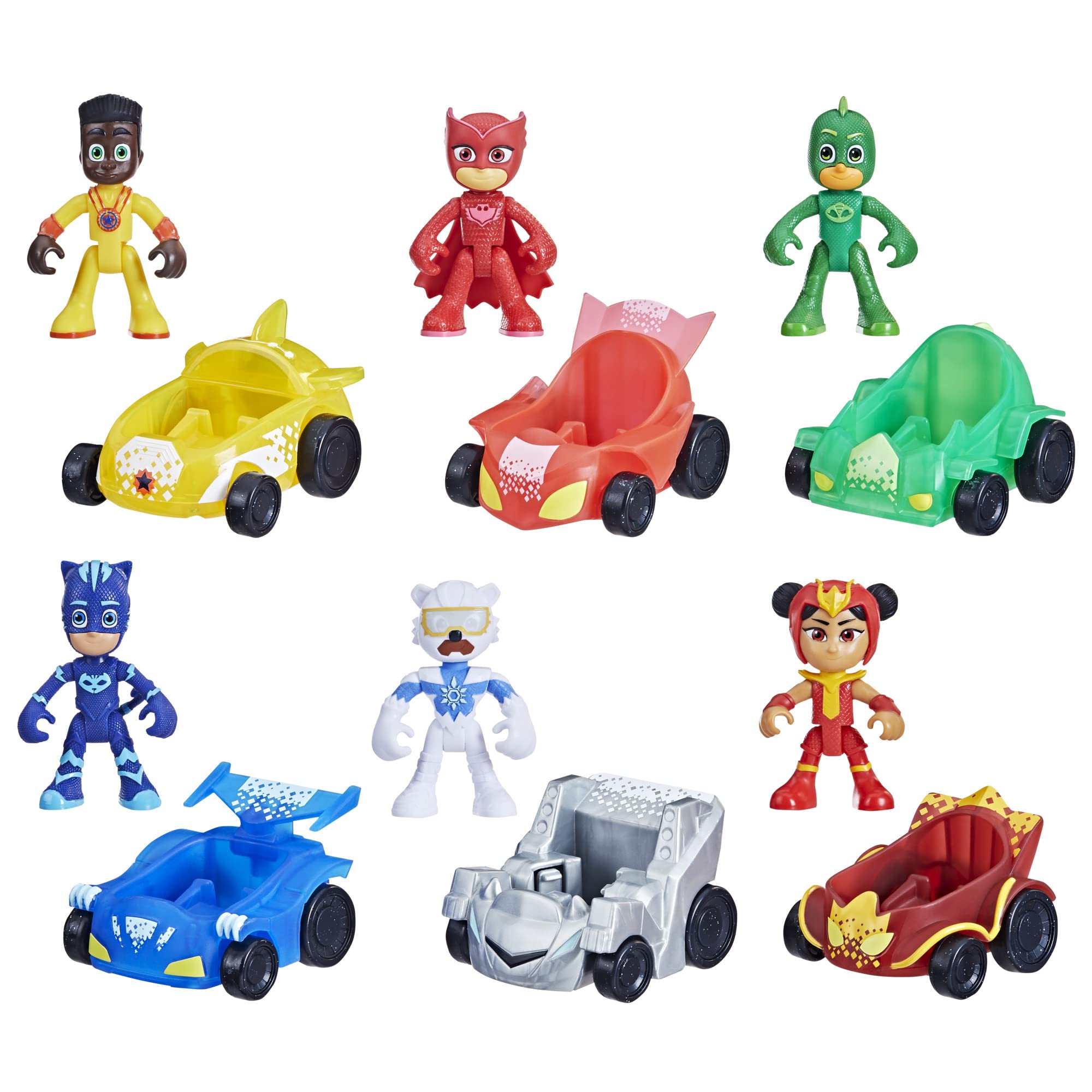 PJ Masks Power Heroes Racer Collection front view of the 12-piece set for play