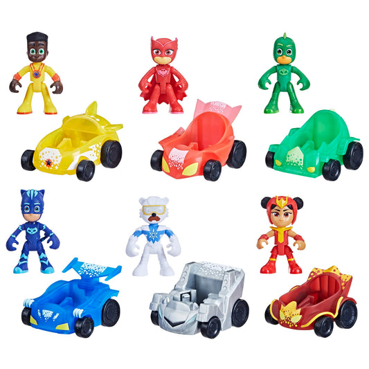 PJ Masks Power Heroes Racer Collection front view of the 12-piece set for play