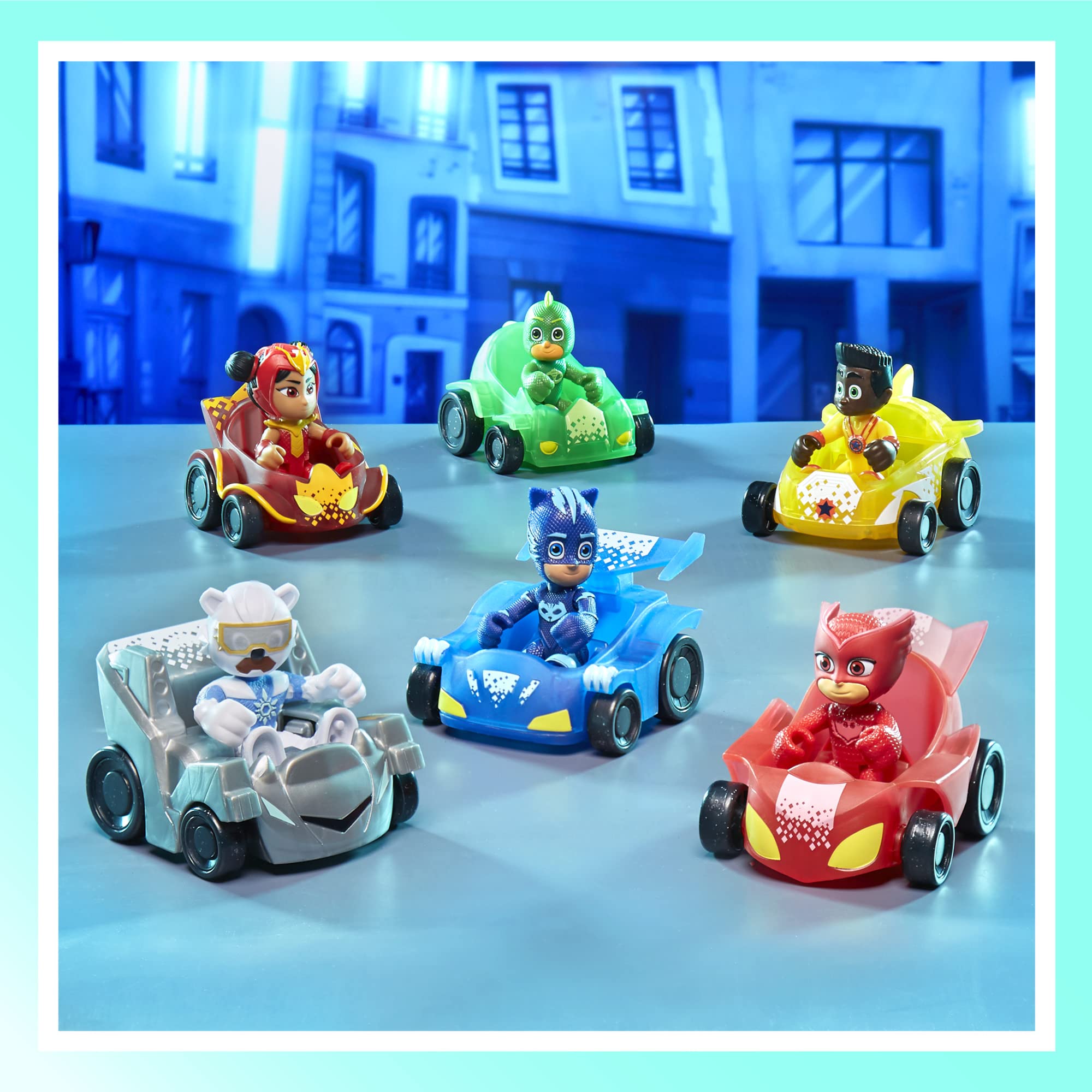 Mini PJ Masks vehicles with glitter wheels for dynamic rescue play