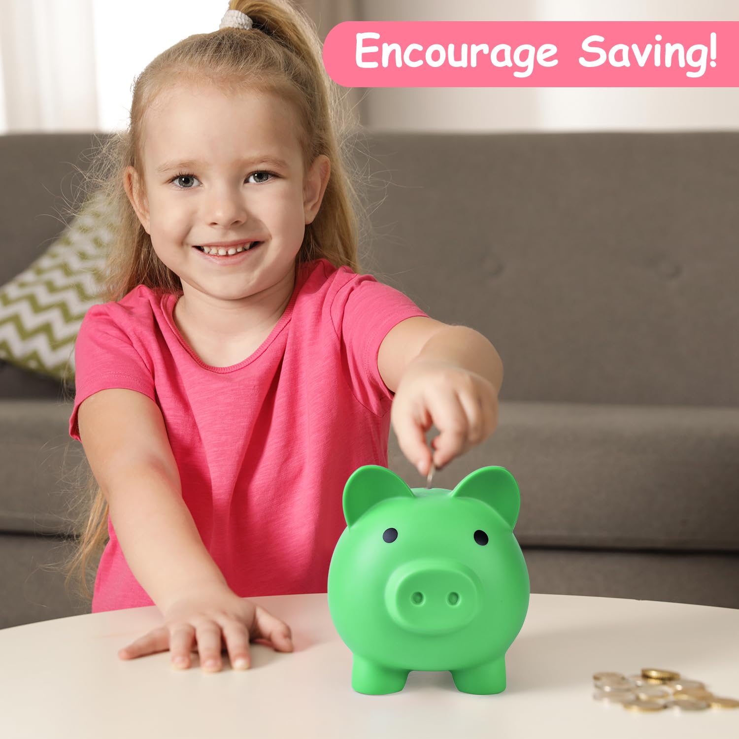 PJDRLLC bottom-knob piggy bank showing safe money retrieval for kids
