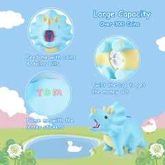 PJDRLLC dinosaur piggy bank blue coins inside ready