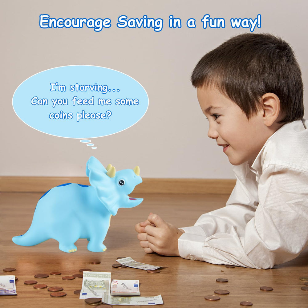 PJDRLLC dinosaur piggy bank blue side view durable for kids