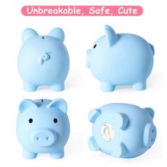 PJDRLLC blue piggy bank close-up of durable unbreakable plastic.