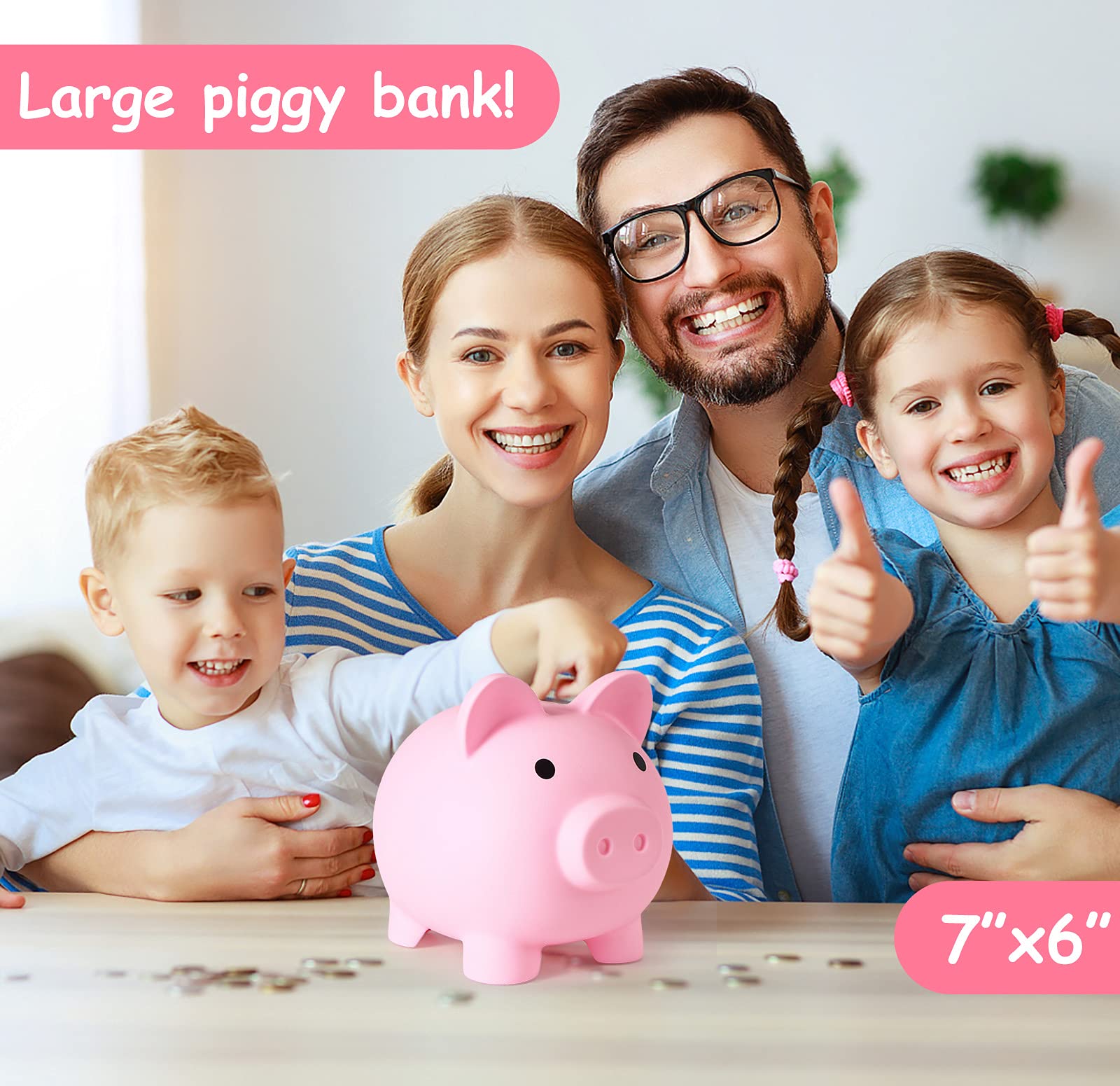 PJDRLLC large pink piggy bank side view showing ample capacity for coins and notes.