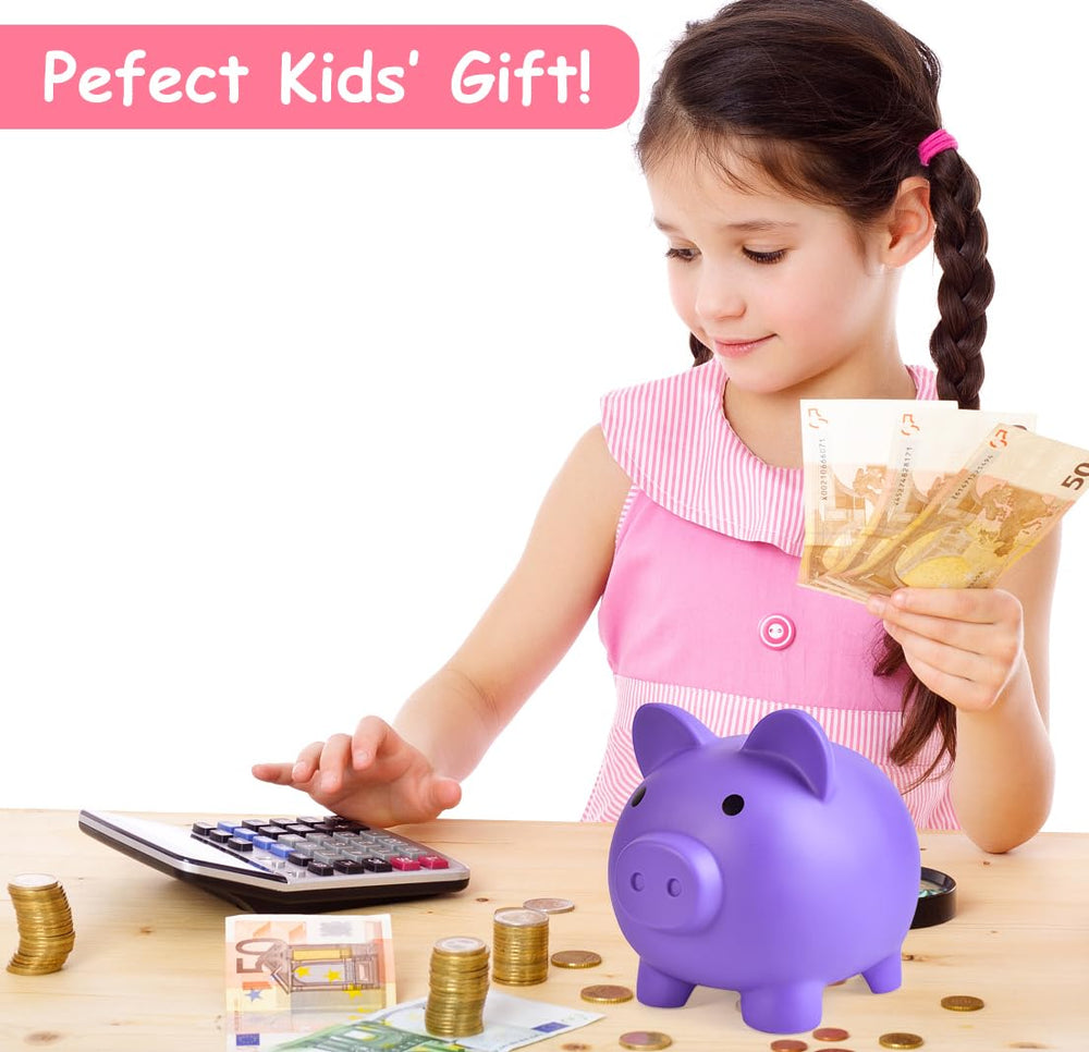 PJDRLLC large piggy bank in purple, side view, sturdy for kids
