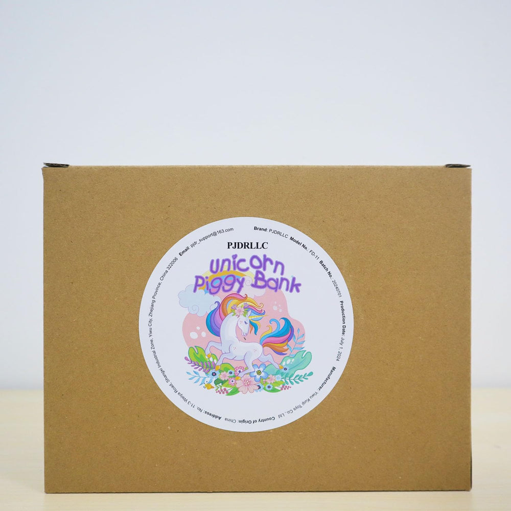 Gift-ready PJDRLLC unicorn piggy bank with rainbow finish.