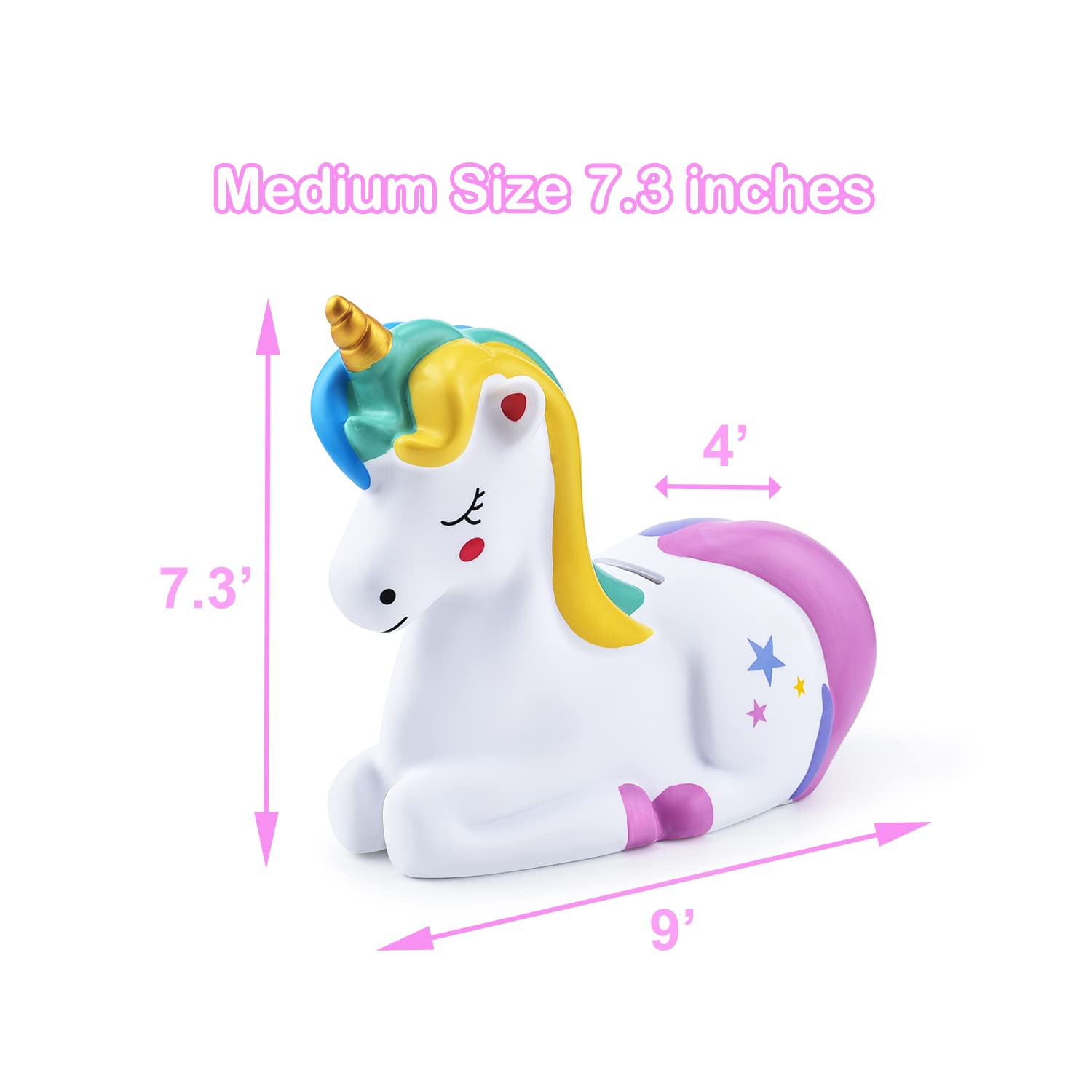 Non-toxic thick plastic detail on PJDRLLC unicorn piggy bank for safe use.