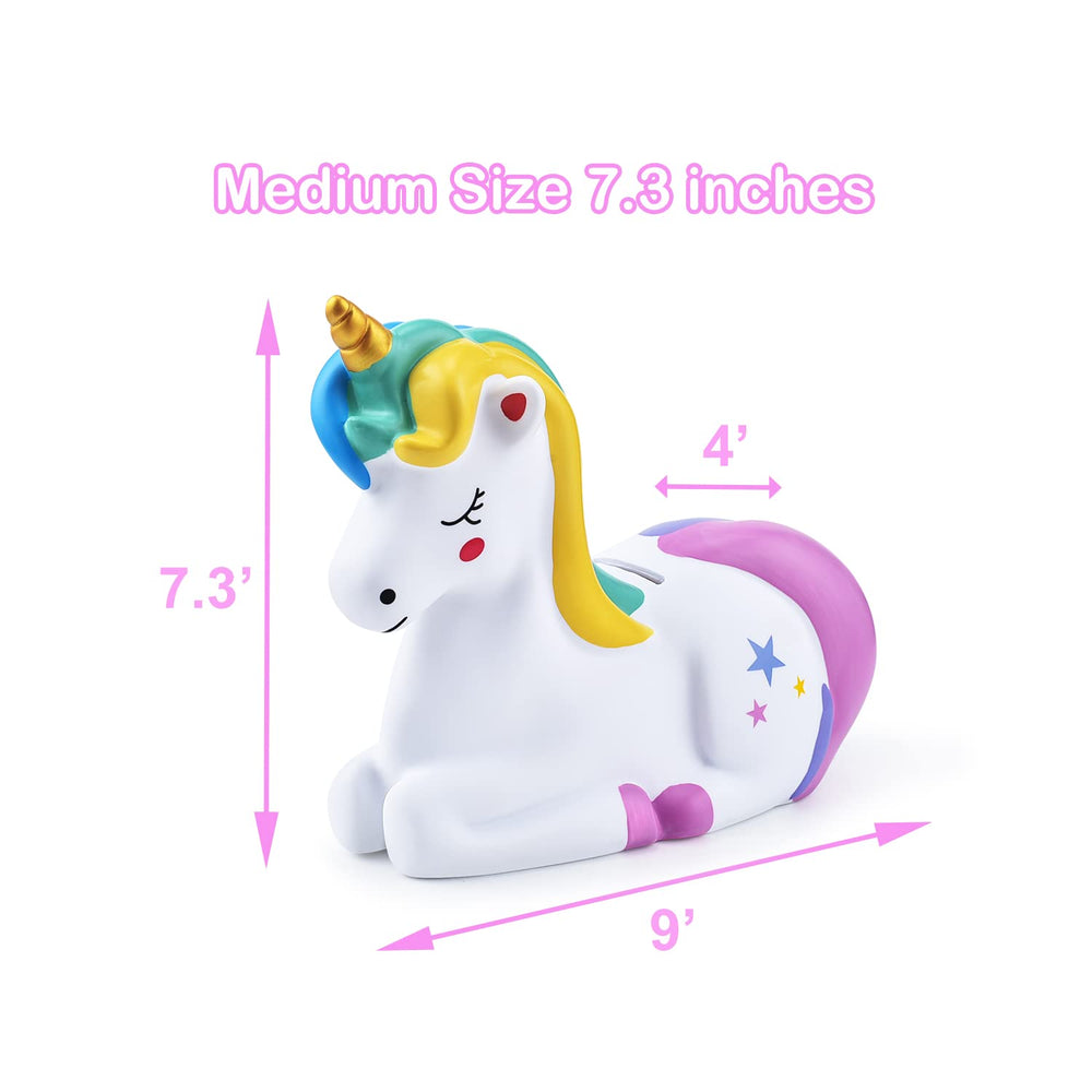 Non-toxic thick plastic detail on PJDRLLC unicorn piggy bank for safe use.
